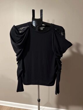 Black Ruched Lace Shoulder Women's Top